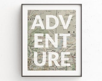Adventure Wall Print, Old Map Wall Print, Africa Wall Print, Map Adventure Wall Print, Map Wall Art Decor, Travel Quotes, Brown Wall Print