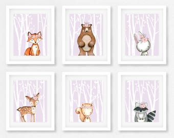Woodland nursery set of six, Girls room, Fox picture, Woodland theme, Woods1, shower gift, Woodland Decor, Bear picture, Woodland animals,