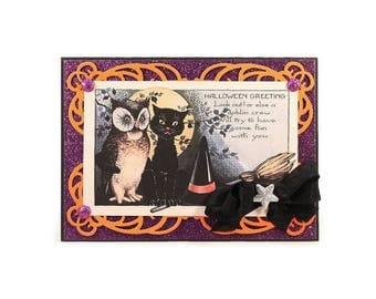 Halloween Greeting Card, Owl, Cat, Witch Hat, Broom, Halloween Greetings, Handmade Card, Luxury Halloween Card, Halloween Decor, Gift, Party
