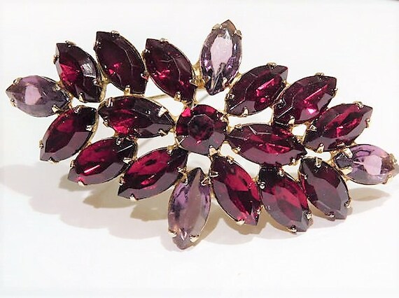 Rhinestone Brooch 1960s 60s Mid Century Ruby Red and Lilac Purple Faceted Glass Navette Vintage Brooch Hollywood Regency Valentines Day