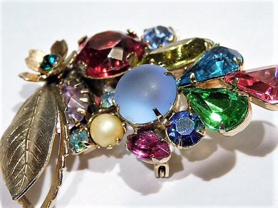 Vintage Rhinestone Brooch Pendant Fruit Salad Glass Brooch Mid Century 1960s 60s Multi Colored Rhinestones AB Aurora Borealis Flower Floral