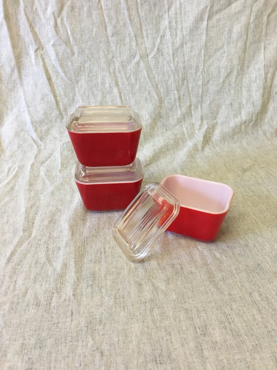 Vintage Small Red Pyrex Refrigerator Boxes with Clear Lids