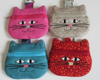 Embroidered Cat Coin Purse, Cat Keychain, Cat Lover Gift, Cat Zippered Bag, Cat Earbud Pouch, Kitty Pouch