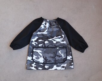 Boys 4-6 Years Art Smock Long Sleeve School Painting Apron 100% Cotton Camoflage Black Grey White Tablier Garçon Maternelle Ecolier 4-6 Ans
