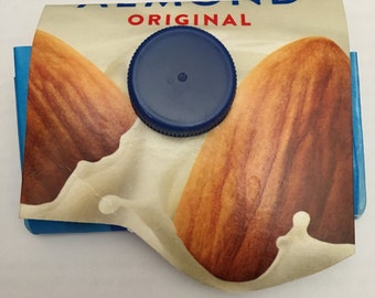 Upcycled Silk Almond Milk Half Gallon Be The Change- Coin Purse & Business Card Holder, twist cap handmade recycled material box multipurpos