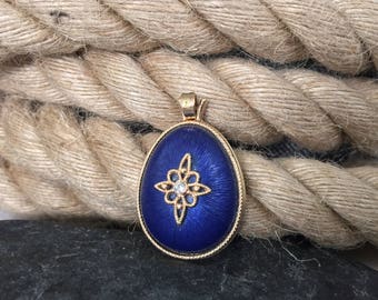 Gold, Blue, Avon, Egg, Pendant, Necklace, Easter, Royal Blue, Rhinestone, Vintage 1980s, Spring, Gold tone
