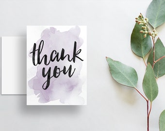 instant download watercolor splash thank you cards // purple watercolor // hand lettering // printable digital files thank you notes