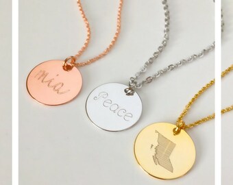 Baby name necklace, roman numerals necklace, coin disk necklace, state province necklace, date necklace, gift for her, grandma mom gift