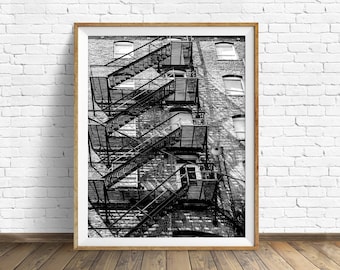 black and white photography, large art, printable art, instant download printable art, digital download, industrial art -"Fire Escape No. 2"