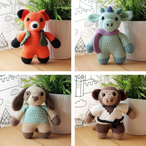 Animals: Fox, Dragon, Dog & Monkey. Nursery Toys, Zoo Dolls, Amigurumi Pattern PDF, DIY Crafts, Crochet Art, Children Gift, Instant download