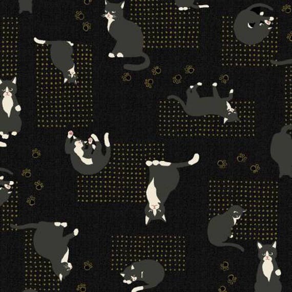 Cat Cotton Quilt Fabric by Hyakka Ryoran Neko in Black and