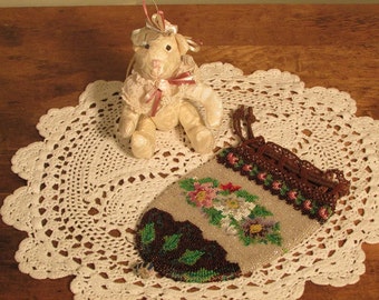 Antique Beaded Drawstring Purse, Vintage Reticule Bag, Woman's Beaded Purse with Flower Design, Beaded Bag, Drawstring Bag, 1800s