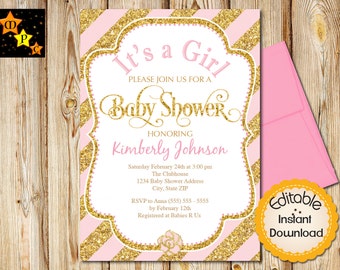 Baby Shower Invitation, Girl, Pink and Gold, Diagonal Stripes, INSTANT download, EDITABLE in Adobe Reader, DIY, Printable, 5"x7"