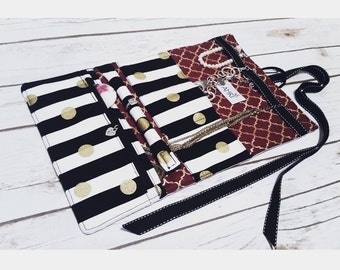 Black and White Stripes - Personalized Jewelry Travel Case, Jewelry Travel Roll, Jewelry Organizer,Jewelry Bag; Weddings,Bridal Party