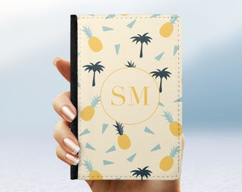 Personalised Passport Cover Holder Pineapple Palm Tree Summer | Gift For Travel Luggage Airport Custom Initials | Travel Accessories Holiday