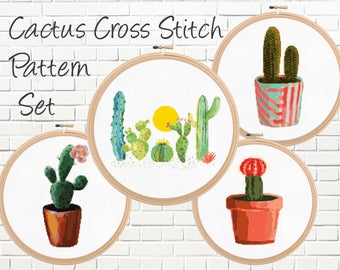 Cactus Cross Stitch Patterns Set, Modern, Cacti, Watercolor, Dessert, Counted Cross Stitch Patterns - Instant Download - PDF