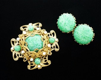 Vintage SIGNED Miriam Haskell Brooch Earring Demi Parure, Miriam Haskell Vintage Jewelry, Antique Jewelry Set, Miriam Haskell Brooch