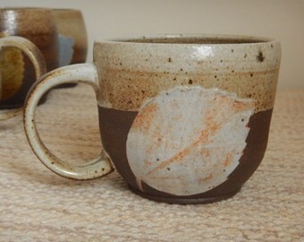 Handmade Ceramic Mug - Dark Unglazed Clay with Speckled White Leaf Design