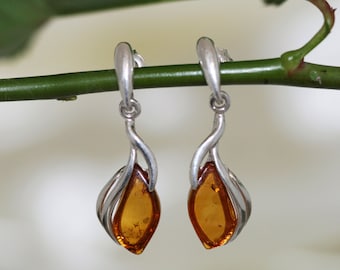 Baltic amber earrings. Sterling silver and cognac amber earrings.