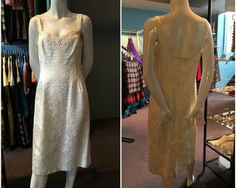 Vintage 1980s Ivory Brocade Nu-Mode Midi Dress Size 11/12