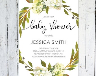 Baby Shower Invitation Girl, Baby Shower Invitation Boy, Gender Neutral, Greenery, Printable, Printed, Floral, White, Green, Rustic, Wreath