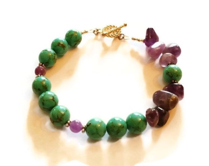 Turquoise and Amethyst Gemstone Bracelet, February Birthstone Jewelry, December Birthstone Bracelet