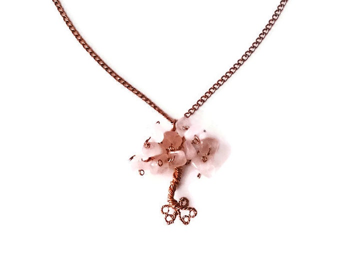Rose Quartz and Copper Floating Tree of Life Necklace, Love Stone Necklace, Valentine's Day Gift, Heart Stone Tree of Life Necklace