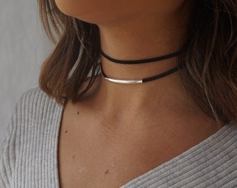 Double Suede Choker, Black Choker Necklace, Dainty Choker Necklace, Black Necklace Dainty, Dainty Silver Satellite Chain, Choker Necklace
