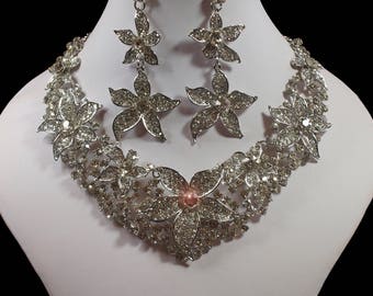 Sparkling Flower Diamante Statement Necklace and Earrings (2293)