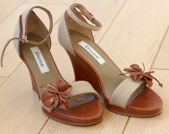 DUNE Cute Canvas Leather Wedges Summer Sandals Brown Size DUNE Cute Canvas Leather Wedges Summer Sandals Brown Size