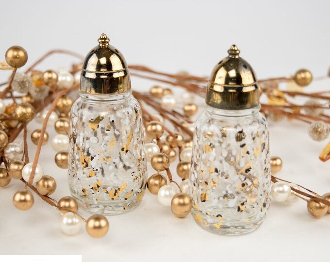 Vintage Salt & Pepper Shakers | MCM Hazel Atlas Glass Gold / White Splatter Print