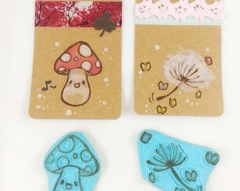hand carved rubber cute mushroom butterfly stamp dandelion seed head handmade scrapbooking scrapbook blowball fly agaric amanitastationary