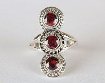 Garnet Ring, Faceted Natural Garnet Gemstone Ring, Garnet Sterling Silver Ring,Triple Garnet Ring, Garnet Long Ring, Round Garnets Boho Ring