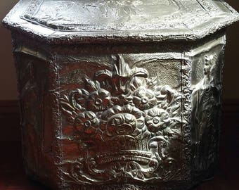 Vintage Coal Bin or Tinder Bin, Brass Repousse, Decorative Storage