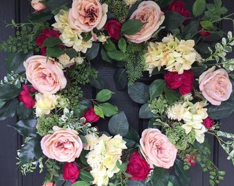 Front Door Decor, Front Door Wreath, Spring Wreath, Summer Wreath, Rose Wreath