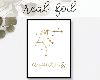 Aquarius Constellation Print // Real Gold Foil // Minimal // Gold Foil Print // Home Decor // Modern Print // Typography // Fashion Print