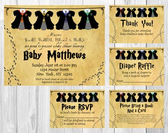 Harry Potter Hogwarts Baby Shower Invitation, RSVP Cards, Book Request, Diaper Raffle and Thank You Insert