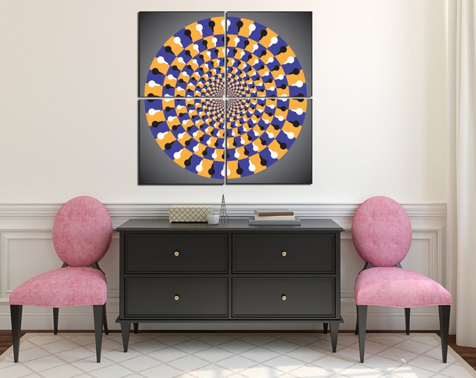 Large optical illusion circle art, fractal art prints, pasychedelic wall art, circle art print, trippy art canvas, yellow and blue vortex
