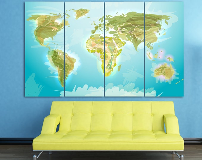 Extra large green watercolor world map canvas, canvas 3 panel watercolor, world map wall art abstract, World Map Wall Art, green world map