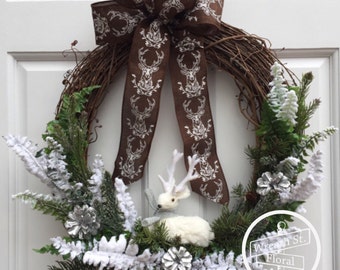 Winter Wreath, Deer Wreath, Greenery Wreath, White Wreath, Wreath Street Floral, Grapevine Wreath, Wreath, Antler Wreath