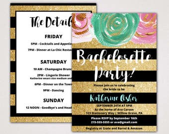 Gold and Black Bachelorette Party Invitation with Itinerary Template: A Printable Glitter Weekend Invite, Instant Download Editable PDF K004