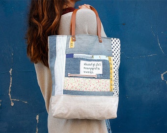 Tote bag patchwork style, recycled jeans, handmade cross stitch alphabet, sackcloth, sac cabas, linen enduite, One of a kind