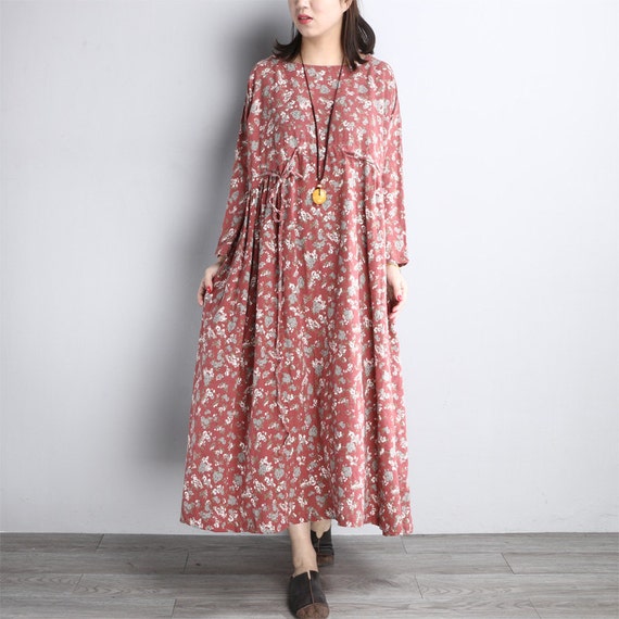 Women Cotton Tunic Dress Pleates Dress Long Dress Floral Dress