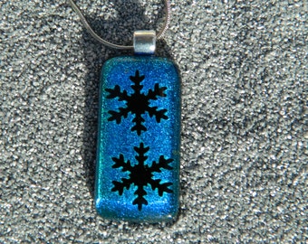 Glass silver black blue fusion dichroique snowflake necklace
