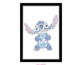 PERSONALISED Stitch From Lilo and Stitch Ohana Word Art Wall Print Gift Idea Decor Birthday For Him Her Son Daughter Mum Baby Nursery Kids
