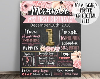 First Birthday Chalkboard, Floral Chalkboard Sign, 1st Birthday Chalkboard, Girl First Birthday Chalkboard, Floral Birthday Sign