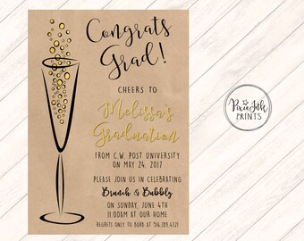 Bubbly Graduation Invitation, Kraft Paper Graduation Invitation, Class of 2017 Invitation, Graduation Printable, Kraft and Gold Graduation
