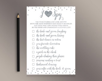 I Spy Wedding Game, Wedding Activities, Silver confetti Wedding Reception table cards, Funny Wedding Games, Wedding Activity, Scavenger Game