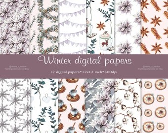 Winter Digital paper, Watercolor Hand Painted, Christmas Paper, Scrapbook Paper, Seamless Pattern Printable, New Year Digital Paper