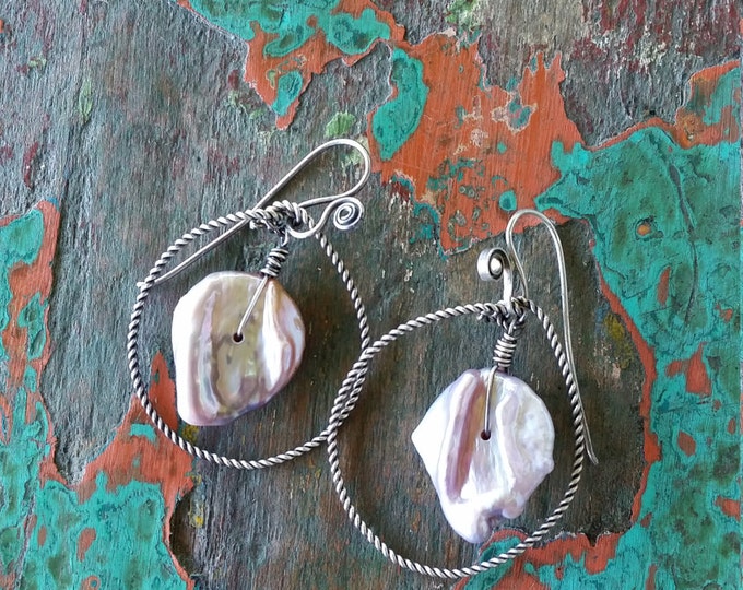 Large Coin Pearl Earrings with Twisted Wire Hoops
